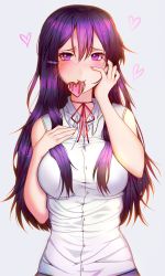 Rule 34 | 1girl, alternate costume, bare arms, bare shoulders, blush, breasts, casual, dead temple, doki doki literature club, grey background, hair between eyes, hair ornament, hairclip, hand on own cheek, hand on own chest, hand on own face, heart, highres, large breasts, long hair, looking at viewer, neck ribbon, purple eyes, purple hair, red ribbon, ribbon, shirt, simple background, sleeveless, sleeveless shirt, smile, solo, upper body, valentine, white shirt, yuri (doki doki literature club)