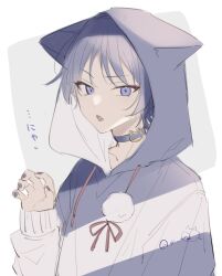 Rule 34 | 1boy, akasaki aimu, alternate costume, animal ears, artist name, blunt ends, border, bow, cat boy, cat ears, choker, collarbone, eyeshadow, fang, fingernails, genshin impact, grey background, hand up, hood, hoodie, long sleeves, looking at viewer, makeup, male focus, nail polish, open mouth, outside border, parted bangs, pom pom (clothes), puffy long sleeves, puffy sleeves, purple choker, purple eyes, purple hair, purple hoodie, purple nails, red bow, red eyeshadow, scaramouche (genshin impact), short hair, simple background, skin fang, solo, tongue, two-tone hoodie, upper body, white border, white hoodie
