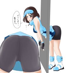 Rule 34 | 1girl, absurdres, ace trainer (pokemon), artist request, ass, bare shoulders, bent over, bike shorts, black eyes, black hair, blush, boots, breasts, cameltoe, creatures (company), embarrassed, fingerless gloves, game freak, gloves, highres, leaning, leaning forward, looking at viewer, nintendo, npc trainer, open mouth, pokemon, pokemon sm, short hair, sideboob, simple background, solo, stuck, through wall, translation request, wall