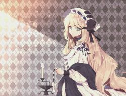 Rule 34 | 1girl, argyle, argyle background, argyle clothes, arknights, black ribbon, blonde hair, blue eyes, candle, commentary, dress, frills, from side, hair ribbon, hat, highres, horns, lens flare, long hair, long sleeves, looking at viewer, mob cap, nightingale (arknights), ribbon, rimsuk, single horn, solo, symbol-only commentary, upper body, very long hair, white dress, white hat
