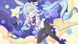 Rule 34 | 1girl, animal ears, arm garter, black bow, black bowtie, black footwear, black headwear, blonde hair, blue bow, blue bowtie, blue eyes, blue hair, bodystocking, bow, bowtie, breasts, brooch, card, cat, chion (yukina), dice, hair bow, hat, hat ornament, heart, heart brooch, high heels, highres, jewelry, kaminari clara, leotard, lightning bolt-shaped pupils, lightning bolt symbol, long hair, medium breasts, multicolored hair, one eye closed, open mouth, phase connect, phase connect jp, playboy bunny, playing card, pom pom (clothes), rabbit ears, rabbit tail, star (symbol), starry background, streaked hair, symbol-shaped pupils, tail, top hat, twitter username, two-tone bowtie, virtual youtuber, white leotard