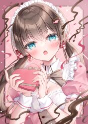 Rule 34 | 1girl, :o, blue eyes, blush, bow, box, breasts, brown bow, brown hair, cleavage, commentary request, dress, gift, gift box, hair between eyes, hair ornament, head tilt, heart, heart-shaped box, heart hair ornament, highres, holding, holding gift, kohinata hoshimi, long hair, looking at viewer, low twintails, medium breasts, open mouth, original, pink dress, puffy short sleeves, puffy sleeves, short sleeves, solo, twintails, upper body, very long hair, wrist cuffs
