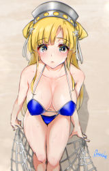 Rule 34 | 1girl, artist name, beige background, bikini, blonde hair, blue bikini, blue eyes, breasts, cargo net, collarbone, commentary request, double bun, fletcher (kancolle), fletcher mk ii (kancolle), hair bun, hair ornament, hairband, kantai collection, large breasts, leaning forward, long hair, looking at viewer, mani oniniku, net, solo, standing, star (symbol), star hair ornament, swimsuit
