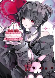 Rule 34 | 1girl, 402 (o0 xxx), absurdres, balloon, black bow, black bowtie, black hair, black jacket, black shirt, bow, bowtie, cake, candle, closed mouth, commentary, eyelashes, food, fork, fruit, hair up, heart balloon, highres, holding, holding fork, holding plate, jacket, jewelry, looking at viewer, necklace, off shoulder, original, plate, red eyes, shirt, sidelocks, smile, sparkle, strawberry, stuffed animal, stuffed rabbit, stuffed toy, stuffed wolf, symbol-only commentary, upper body