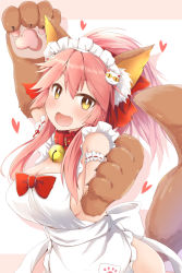 Rule 34 | 1girl, :d, animal ears, animal hands, apron, arm garter, arm up, blush, breasts, cat hair ornament, cleavage, fangs, fate/grand order, fate (series), fox ears, fox tail, gloves, hair ornament, large breasts, long hair, looking at viewer, maid headdress, naked apron, open mouth, paw gloves, pink hair, ponytail, ram hachimin, smile, solo, tail, tamamo (fate), tamamo cat (fate), tamamo cat (third ascension) (fate), tamamo no mae (fate/extra), yellow eyes
