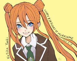 Rule 34 | 1girl, arms at sides, artist name, assault lily, black jacket, blue eyes, blush, character name, collared shirt, commentary, dated, double bun, emblem, green necktie, grin, hair between eyes, hair bun, happy birthday, heart, highres, jacket, kusakabe murasame, long bangs, long hair, long sleeves, looking at viewer, necktie, orange hair, parted lips, sally (allogkk), school uniform, shirt, simple background, smile, solo, twintails, upper body, white shirt, yellow background