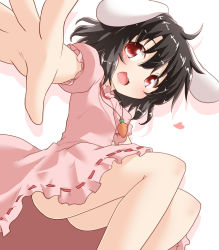 Rule 34 | 1girl, ass, black hair, carrot, dress, heart, inaba tewi, jewelry, legs, looking at viewer, natsu no koucha, necklace, open mouth, outstretched hand, pendant, pink dress, puffy short sleeves, puffy sleeves, red eyes, short sleeves, simple background, smile, solo, touhou, upskirt