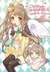 Rule 34 | 10s, 1girl, 2015, :3, angel wings, between legs, black thighhighs, bow, breasts, brown eyes, checkered background, chibi, chibi inset, cleavage, dated, dress, dual persona, earrings, gloves, grey hair, hair bow, hand between legs, happy birthday, heart, heart earrings, holding, holding stuffed toy, ito noizi, jewelry, long hair, love live!, love live! school idol festival, love live! school idol project, minami kotori, mouth hold, one side up, ribbon, smile, socks, striped clothes, striped socks, striped thighhighs, stuffed animal, stuffed rabbit, stuffed toy, thighhighs, wings, yellow dress
