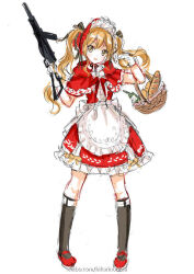 Rule 34 | 1girl, alternate costume, apron, basket, black ribbon, black socks, blonde hair, bottle, bread, capelet, commentary request, dress, food, frilled bonnet, full body, girls&#039; frontline, gloves, gun, hair ribbon, hands up, holding, holding basket, holding gun, holding weapon, kneehighs, korean commentary, little red riding hood (grimm), long hair, looking at viewer, mary janes, open mouth, red capelet, red dress, red footwear, red headwear, ribbon, shoes, simple background, socks, solo, standing, sten gun, sten mkii (girls&#039; frontline), third-party source, twintails, waist apron, watermark, weapon, web address, weibo watermark, white apron, white background, white gloves, yellow eyes, zhenming