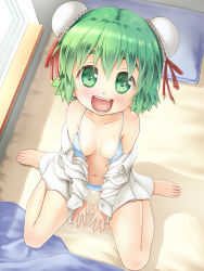 Rule 34 | 1girl, :d, bare shoulders, barefoot, bed, bra, breasts, breasts apart, bun cover, collarbone, double bun, dress shirt, endou hiroto, face, fang, feet, foreshortening, from above, green eyes, green hair, hair bun, highres, lingerie, looking up, matching hair/eyes, navel, nipples, on bed, open bra, open clothes, open mouth, open shirt, original, panties, petite, pillow, seisuiten maruru, shirt, short hair, sitting, small breasts, smile, solo, striped clothes, striped panties, toes, underwear, untied, wariza