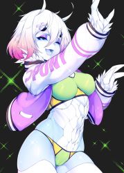 Rule 34 | 1girl, ;d, arm up, bad id, bad twitter id, black background, blue eyes, breasts, clothes writing, colored skin, gradient hair, hand up, highres, jacket, long sleeves, looking at viewer, medium breasts, multicolored hair, one eye closed, open clothes, open jacket, open mouth, original, pink hair, purple jacket, scleriteaeaeaggadah, short hair, slugbox, smile, solo, sparkle background, teeth, thighhighs, white hair, white skin, white thighhighs