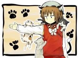 Rule 34 | 1girl, animal ears, brown hair, cat, cat ears, cat tail, chen, climbing, earrings, female focus, hat, jewelry, sergei (pattundo), short hair, solo, tail, too many, too many cats, touhou