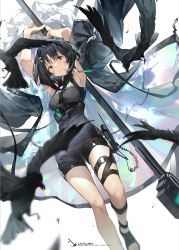 Rule 34 | 1girl, animal, arknights, arms behind head, between breasts, bird, black eyes, black footwear, black hair, black jacket, black shirt, black shorts, breasts, character name, crow, dadijiji, floating clothes, foot out of frame, from below, highres, holding, holding scythe, holding weapon, jacket, la pluma (arknights), looking at viewer, medium breasts, open clothes, open jacket, radio, sandals, scythe, shirt, short hair, shorts, solo, strap between breasts, thigh strap, weapon, weapon behind back, white background
