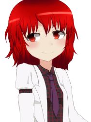 Rule 34 | 1girl, armband, facing viewer, highres, horikawa raiko, jacket, long sleeves, looking away, necktie, open clothes, open jacket, parted lips, plaid, plaid shirt, red eyes, red hair, shirt, short hair, simple background, smile, solo, touhou, upper body, white background, zakku (kya--193)