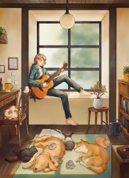 Rule 34 | 1boy, acoustic guitar, animal, bad id, bad pixiv id, barefoot, black cat, black pants, blurry, book, book stack, bookshelf, box, brown eyes, brown hair, cat, ceiling, ceiling light, chair, closed eyes, commentary request, cup, day, desk, dog, drawer, facing away, framed, guitar, hair behind ear, hamster, head tilt, highres, holding, holding instrument, indoors, instrument, jacket, knee up, long sleeves, looking away, lying, male focus, mug, music, notant, note, on back, open clothes, open jacket, open mouth, orb, original, pants, pen, picture frame, plant, playing instrument, plectrum, potted plant, rabbit, rug, running bond, saucer, sheet music, singing, sitting, sitting in window, sleeping, smile, stole, tongue, tongue out, vines, watch, watering can, window shadow, windowsill, wooden ceiling, wooden floor, wristwatch