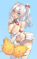 Rule 34 | 1girl, bikini, blue background, blue eyes, blush, breasts, cheerleader, commission, hair between eyes, highres, holding, holding pom poms, kantai collection, kashima (kancolle), kokuzou, large breasts, long hair, navel, open mouth, pom pom (cheerleading), pom poms, simple background, skeb commission, smile, solo, swimsuit, thighhighs, twintails, white bikini, white hair, white thighhighs