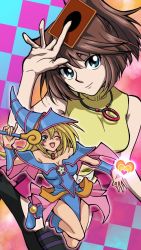 Rule 34 | 2girls, agehacat, bare shoulders, blonde hair, blue eyes, blue footwear, blush, blush stickers, breasts, brown hair, card, choker, cleavage, closed mouth, dark magician girl, detached sleeves, duel monster, green eyes, hat, looking at viewer, mazaki anzu, multiple girls, open mouth, pentacle, short hair, smile, staff, wizard hat, yu-gi-oh!