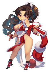 Rule 34 | absurdres, bare shoulders, breasts, brown hair, cleavage, closed mouth, fatal fury, full body, hand fan, high ponytail, highres, holding, holding fan, japanese clothes, large breasts, legs, long hair, looking at viewer, ninja, no bra, parted bangs, pelvic curtain, red eyes, revealing clothes, sash, shiranui mai, smile, splish, standing, the king of fighters, white background