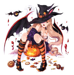 Rule 34 | 1girl, :d, bad id, bad pixiv id, bare shoulders, blonde hair, breasts, brown eyes, candy, cleavage, emyo, fingernails, food, halloween, hat, highres, jack-o&#039;-lantern, kneehighs, lollipop, long hair, looking at viewer, medium breasts, monster, nail polish, open mouth, original, purple nails, sharp fingernails, sitting, smile, socks, solo, striped clothes, striped socks, teeth, witch hat