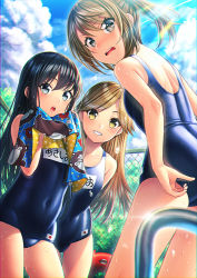 Rule 34 | 3girls, arashio (kancolle), asashio (kancolle), black hair, blue eyes, blue one-piece swimsuit, blue sky, brown eyes, brown hair, cloud, commentary request, contrail, covered navel, day, enemy lifebuoy (kancolle), hair between eyes, kantai collection, lips, long hair, looking at viewer, michishio (kancolle), multiple girls, one-piece swimsuit, open mouth, outdoors, parted bangs, ponytail, school swimsuit, sky, smile, standing, swimsuit, towel, unowen, wet