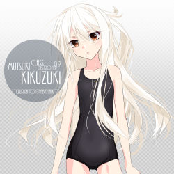 Rule 34 | 1girl, artist name, black one-piece swimsuit, black school swimsuit, blush, character name, checkered background, collarbone, commentary request, cowboy shot, eyes visible through hair, gradient background, grey background, hair between eyes, inaba shiki, kantai collection, kikuzuki (kancolle), logo, long hair, looking at viewer, new school swimsuit, one-hour drawing challenge, one-piece swimsuit, orange eyes, school swimsuit, simple background, solo, swimsuit, white hair