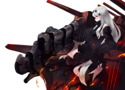 Rule 34 | 10s, 1girl, abyssal ship, aircraft carrier water oni, armor, armored boots, bare shoulders, black dress, black footwear, black thighhighs, boots, breasts, colored skin, da-kuro, dakuro, detached sleeves, dress, female focus, fire, frilled dress, frilled sleeves, frills, full body, hair ornament, high heel boots, high heels, kantai collection, knee boots, large breasts, long hair, long sleeves, orange eyes, ribbed dress, sailor dress, short dress, simple background, sitting, solo, striped, thighhighs, turret, very long hair, white background, white hair, white skin, zettai ryouiki