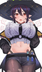 Rule 34 | 1girl, :o, absurdres, amahara subaru, black hair, black hat, black jacket, black shorts, breasts, brown pantyhose, center frills, cowboy shot, crop top, fang, frilled shirt, frills, hair between eyes, hand on own hip, hand up, harness, hat, highleg, highres, indie virtual youtuber, isonade orca, jacket, large breasts, long sleeves, looking at viewer, midriff, multicolored hair, navel, off shoulder, open clothes, open jacket, open mouth, pantyhose, pointy ears, red eyes, shirt, short hair, short shorts, shorts, sidelocks, solo, stomach, strap, streaked hair, sweatdrop, test tube, torn clothes, torn pantyhose, virtual youtuber, white shirt, witch hat
