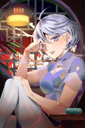 Rule 34 | 1girl, architecture, blue eyes, breasts, chair, china dress, chinese clothes, cleavage, cleavage cutout, clothing cutout, commentary, dress, earrings, east asian architecture, fern (bhbtr), grey hair, gundam, gundam suisei no majo, hand on own knee, highres, holding, holding mahjong tile, incense, incense burner, jewelry, leg up, light, light particles, lipstick, long hair, looking at viewer, mahjong, mahjong tile, makeup, medium breasts, miorine rembran, nail polish, one eye closed, parted lips, pearl earrings, red lips, red nails, ring, sitting, smile, solo, thighhighs, window