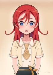 Rule 34 | 1girl, :o, birthday, blue eyes, box, brown background, collarbone, commentary, gift, gift box, gradient background, hair down, long hair, love live!, love live! superstar!!, red hair, short sleeves, solo, the-prinprince, upper body, yellow background, yoneme mei