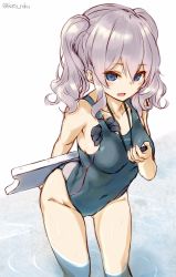 Rule 34 | 10s, 1girl, absurdres, alternate costume, arm behind back, blue eyes, breasts, collarbone, competition swimsuit, covered navel, grey hair, highres, holding, kantai collection, kashima (kancolle), katoroku, leaning forward, medium breasts, object in clothes, object in swimsuit, one-piece swimsuit, ripples, sketch, solo, standing, stopwatch, swim cap, swimsuit, twintails, twitter username, wading, watch, white background