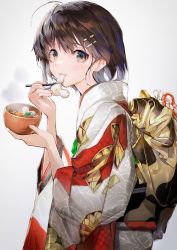 Rule 34 | 1girl, ahoge, bowl, brown hair, carrot, chopsticks, commentary, eating, food, hair intakes, hair ornament, hairclip, holding, hougu souji, japanese clothes, kimono, looking at viewer, medium hair, mochi, mushroom, new year, original, simple background, solo, soup, white background, zouni soup