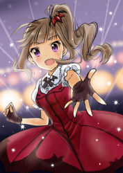 Rule 34 | 10s, 1girl, bad id, bad pixiv id, brown hair, fangs, fingerless gloves, frenchmaid (made in frenchmaid), gloves, idolmaster, idolmaster million live!, long hair, looking at viewer, my dear vampire, one eye closed, open mouth, outstretched hand, purple eyes, side ponytail, solo, yokoyama nao