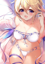 Rule 34 | 1girl, 40 (0f0urw), absurdres, ass, bare shoulders, blonde hair, blue eyes, blush, breasts, cleavage, collarbone, europa (granblue fantasy), europa (summer) (granblue fantasy), flower, from above, granblue fantasy, hair between eyes, hair flower, hair ornament, highres, large breasts, looking at viewer, navel, open mouth, ribbon, sitting, smile, solo, swimsuit, tiara