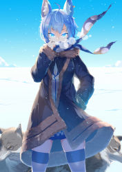 Rule 34 | 1girl, ahoge, animal, animal ear fluff, animal ears, animare, black coat, black skirt, blue eyes, blue hair, blue scarf, blue sky, breasts, coat, commentary request, covered mouth, day, dog ears, ear piercing, fur-trimmed coat, fur-trimmed sleeves, fur trim, glowing, glowing eyes, hand up, highres, horizon, kokka han, long sleeves, looking at viewer, nanashi inc., open clothes, open coat, outdoors, piercing, pleated skirt, scarf, shirt, skindentation, skirt, sky, small breasts, snow, snowing, solo, souya ichika, souya ichika (1st costume), striped clothes, striped thighhighs, thighhighs, v-shaped eyebrows, virtual youtuber, white shirt, wolf, wolf ears