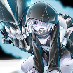 Rule 34 | 10s, 1girl, abyssal ship, black bra, bra, breasts, grin, h-new, hair over one eye, hood, hooded jacket, jacket, kantai collection, pale skin, purple eyes, re-class battleship, sitting, small breasts, smile, solo, teeth, underwear, wariza, wet, white hair