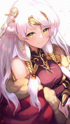 Rule 34 | 1girl, bare shoulders, blush, breasts, bridal gauntlets, brown dress, cape, closed mouth, commentary request, crossed arms, dress, earrings, fire emblem, fire emblem: radiant dawn, fire emblem heroes, fur-trimmed cape, fur trim, hair ornament, highres, jewelry, lips, long hair, looking at viewer, medium breasts, micaiah (fire emblem), nakabayashi zun, nintendo, off shoulder, petals, pink lips, red cape, smile, solo, tiara, upper body, white background, white hair, yellow eyes