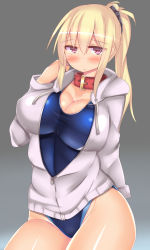 Rule 34 | 1girl, blonde hair, breasts, collar, competition swimsuit, animal collar, highres, hood, hoodie, jacket, kubiwa (kutan), kutan, large breasts, long hair, mole, one-piece swimsuit, open clothes, open hoodie, original, ponytail, red eyes, solo, swimsuit, swimsuit under clothes