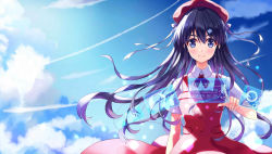 Rule 34 | 1girl, black hair, blue eyes, blush, closed mouth, day, dress, hair ornament, hat, hat ribbon, highres, long hair, looking at viewer, miu (pixiv4149478), neck ribbon, original, red dress, red ribbon, ribbon, short sleeves, sky, smile, solo, sunlight, upper body