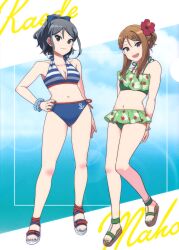 Rule 34 | 2girls, absurdres, arm behind back, bikini, black hair, blue eyes, bow, bracelet, breasts, brown hair, character name, cleavage, cloud, cloudy sky, floral print bikini, flower, foot jewelry, hair bow, hair flower, hair ornament, hairclip, hand on own hip, highres, jewelry, k-on!, k-on! shuffle, kakifly, leaf print, long hair, looking at viewer, medium breasts, multiple girls, nail polish, navel, non-web source, official art, open mouth, ponytail, romaji text, sandals, sawabe maho, scan, shimizu kaede, sky, smile, string bikini, striped bikini, striped clothes, sun glare, swimsuit
