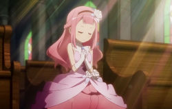 Rule 34 | 10s, 1girl, bare shoulders, closed eyes, flower, gloves, hair flower, hair ornament, indoors, light rays, long hair, new game!, own hands clasped, own hands together, pink hair, praying, princess, princess dress, purple hair, screencap, solo, white gloves