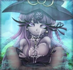 Rule 34 | 1boy, 1girl, absurdres, amulet, breasts, cloudy, cum, danganronpa: trigger happy havoc, danganronpa (series), demon girl, earrings, ejaculation, ejaculation between breasts, excessive cum, eyelashes, female focus, hairpiece, hat, highres, jewelry, kirigiri kyoko, large breasts, long eyelashes, long hair, looking at viewer, lying, necklace, orgasm, outdoors, outdoors sex, paizuri, pink eyes, pink hair, pov, smile, solo focus, squished boobs, steam, steamy, topless, witch hat