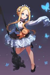 Rule 34 | 1girl, abigail williams (fate), abigail williams (festival outfit) (fate), alternate costume, animal, black footwear, black skirt, blonde hair, bloomers, blue eyes, blush, braid, breasts, bug, butterfly, commentary, dress, enmaided, fate/grand order, fate (series), forehead, french braid, full body, highres, insect, keyhole, layered skirt, long hair, long sleeves, looking away, looking to the side, maid, maid headdress, miya (miyaruta), mop, open mouth, parted bangs, sash, shoes, sidelocks, skirt, sleeves past fingers, sleeves past wrists, small breasts, solo, stuffed animal, stuffed toy, teddy bear, tentacles, underwear, very long hair, white bloomers, white dress
