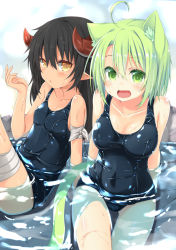 Rule 34 | 2girls, ahoge, animal ears, bandages, black hair, blush, breasts, cat ears, cat tail, dodome-iro mayonnaise, fang, green eyes, green hair, horns, long hair, looking at viewer, multiple girls, one-piece swimsuit, open mouth, original, partially submerged, pointy ears, school swimsuit, sharon (dodomayo), short hair, sitting, small breasts, smile, swimsuit, tail, water, wet, yellow eyes