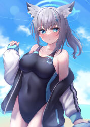 Rule 34 | 1girl, absurdres, animal ear fluff, animal ears, bare shoulders, black one-piece swimsuit, blue archive, blue eyes, blue sky, blush, breasts, commentary, competition swimsuit, covered navel, cross, cross hair ornament, grey hair, hair ornament, halo, hand up, highleg, highleg swimsuit, highres, inverted cross, jacket, long hair, long sleeves, looking at viewer, medium breasts, mismatched pupils, neko punch (user hddm3373), off shoulder, official alternate costume, one-piece swimsuit, open clothes, open jacket, outdoors, parted lips, ponytail, shiroko (blue archive), shiroko (swimsuit) (blue archive), sidelocks, sky, sleeves past wrists, solo, swimsuit, wolf ears, wolf girl