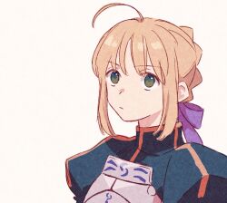 ahoge armor artoria_pendragon_(all) artoria_pendragon_(fate) blonde_hair blue_dress breastplate commentary dress fate/stay_night fate_(series) hair_ribbon highres looking_up machi_(uqyjee) portrait purple_ribbon ribbon saber_(fate) sidelocks