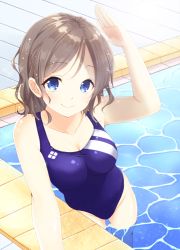 Rule 34 | 10s, 1girl, arm up, bare arms, bare legs, bare shoulders, blue eyes, blue one-piece swimsuit, blush, breasts, brown hair, cleavage, closed mouth, competition swimsuit, eyebrows, foreshortening, groin, indoor pool, indoors, large breasts, looking at viewer, love live!, love live! school idol project, love live! sunshine!!, minamoto mamechichi, one-piece swimsuit, pool, salute, short hair, skin tight, smile, solo, swimsuit, tareme, wading, watanabe you, water