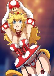 Rule 34 | 1girl, animal ears, arms up, blonde hair, blue eyes, breasts, cat ears, cat tail, cleavage, crown, dress, garter straps, gloves, heart, heart-shaped pupils, highres, kinkymation, mario (series), medium breasts, nintendo, panties, princess peach, super mushroom, symbol-shaped pupils, tail, thighhighs, underwear, white gloves, white thighhighs