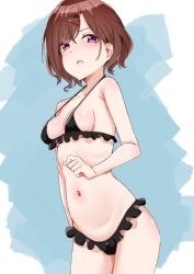Rule 34 | 0:00, 1girl, arm at side, bare arms, bare shoulders, bikini, black bikini, blue background, breasts, brown hair, clenched hand, cowboy shot, frilled bikini, frills, hair ornament, hairclip, highres, higuchi madoka, idolmaster, idolmaster shiny colors, looking at viewer, medium breasts, mole, mole under eye, navel, open mouth, pink eyes, short hair, simple background, solo, stomach, strap gap, swept bangs, swimsuit, v-shaped eyebrows, wavy hair