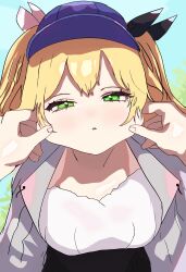 Rule 34 | 1girl, 1other, absurdres, blonde hair, blue headwear, cheek pinching, commentary, dokibird (vtuber), english commentary, green eyes, grey jacket, hat, highres, indie virtual youtuber, jacket, looking at viewer, napat, open clothes, open jacket, parted lips, pinching, pov, shirt, solo focus, twintails, upper body, white shirt
