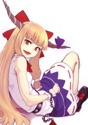 Rule 34 | 1girl, black footwear, bow, chain, cuffs, eyebrows hidden by hair, footwear bow, from side, full body, hair bow, highres, horn bow, horn ornament, horns, ibuki suika, kakone, knees up, long hair, looking at viewer, low-tied long hair, open mouth, orange hair, purple bow, purple skirt, pyramid (structure), red bow, red eyes, red neckwear, ribbon-trimmed skirt, ribbon trim, shackles, shirt, simple background, sitting, skirt, smile, solo, torn clothes, torn sleeves, touhou, white background, white legwear, white shirt, wrist cuffs